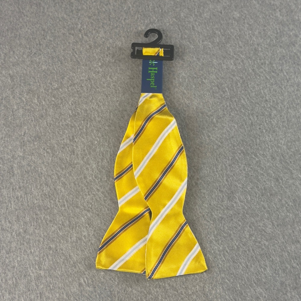 Haspel Mens Yellow Navy Blue White Striped Silk Self-Tie Bow Tie NWT